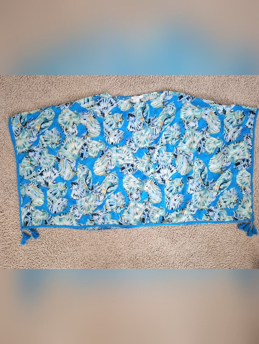 Chico's Poolside Blue Seashell Print Coastal Treasure Tassel Poncho Size Sm/Med - Picture 6 of 8
